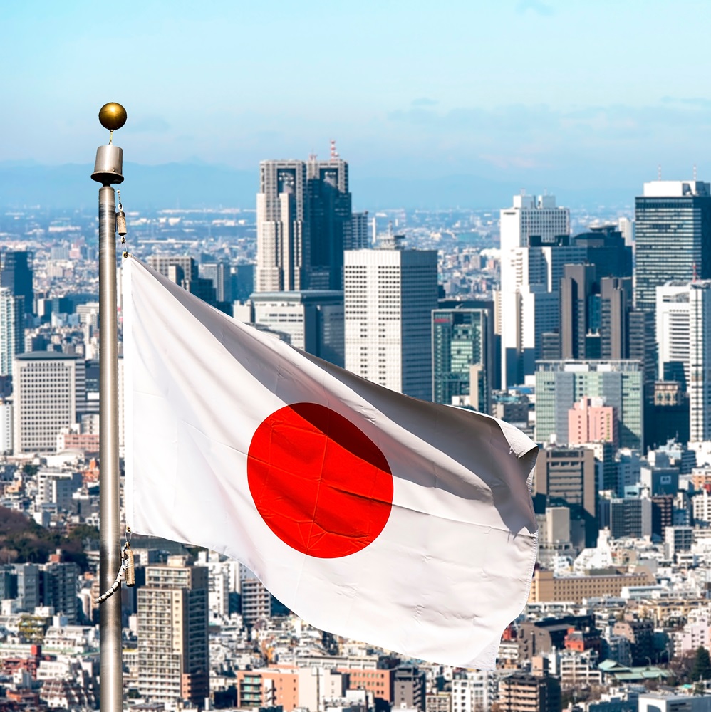 Panoramic view of Tokyo and Japanese flag, Japan