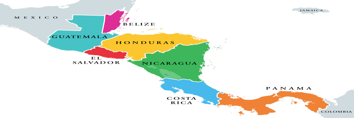 Países de Centroamérica, mapa político coloreado. Subregión de las Américas, entre México y Colombia, compuesta por Belice, Guatemala, Honduras, El Salvador, Nicaragua, Costa Rica y Panamá.