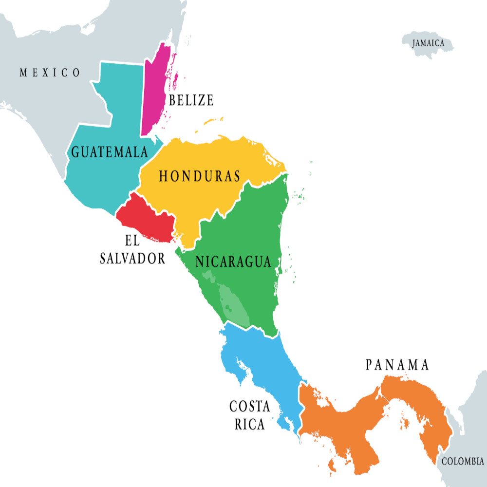 Central America countries, colored political map. Subregion of the Americas, between Mexico and Colombia, consisting of Belize, Guatemala, Honduras, El Salvador, Nicaragua, Costa Rica and Panama.