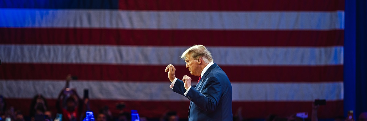 NATIONAL HARBOR, MD, USA- February 24, 2024: Donald Trump speaks at an event about his plan for defeating current President Joe Biden in November.