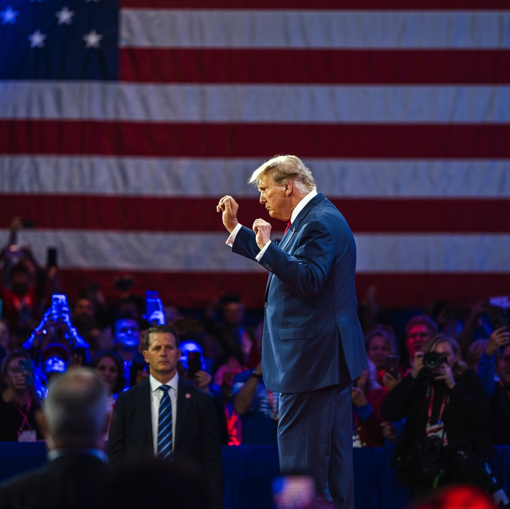 NATIONAL HARBOR, MD, USA- February 24, 2024: Donald Trump speaks at an event about his plan for defeating current President Joe Biden in November.