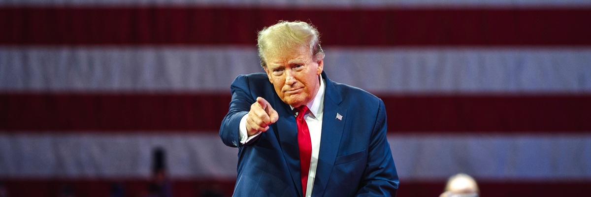 NATIONAL HARBOR, MD, USA- February 24, 2024: Donald Trump speaks at an event about his plan for defeating current President Joe Biden in November.