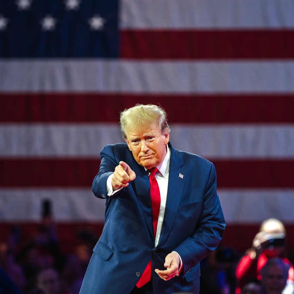 NATIONAL HARBOR, MD, USA- February 24, 2024: Donald Trump speaks at an event about his plan for defeating current President Joe Biden in November.