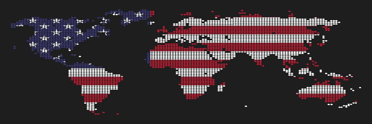 Dotted world map illustration made of USA flag colors as concept for United States global dominance. Power and leadership symbol. Politics, military and economic influence.