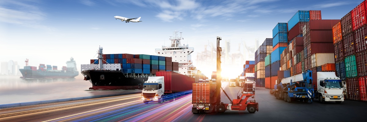 Industrial Container Cargo freight ship, forklift handling container box loading for logistic import export and transport industry concept