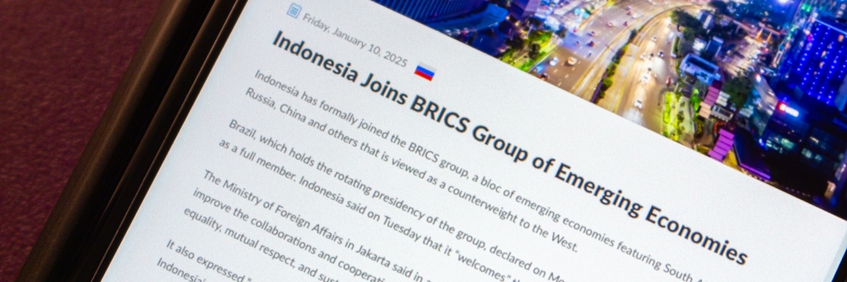 Mexico City, MEXICO - Jan 14 2025 : A post titled “Indonesia Joins BRICS Group of Emerging Economies” is displayed on an iPhone from the BRICS website.