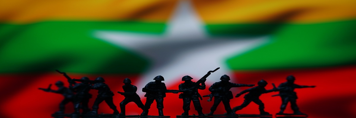 Myanmar military coup soldiers, flag map background 