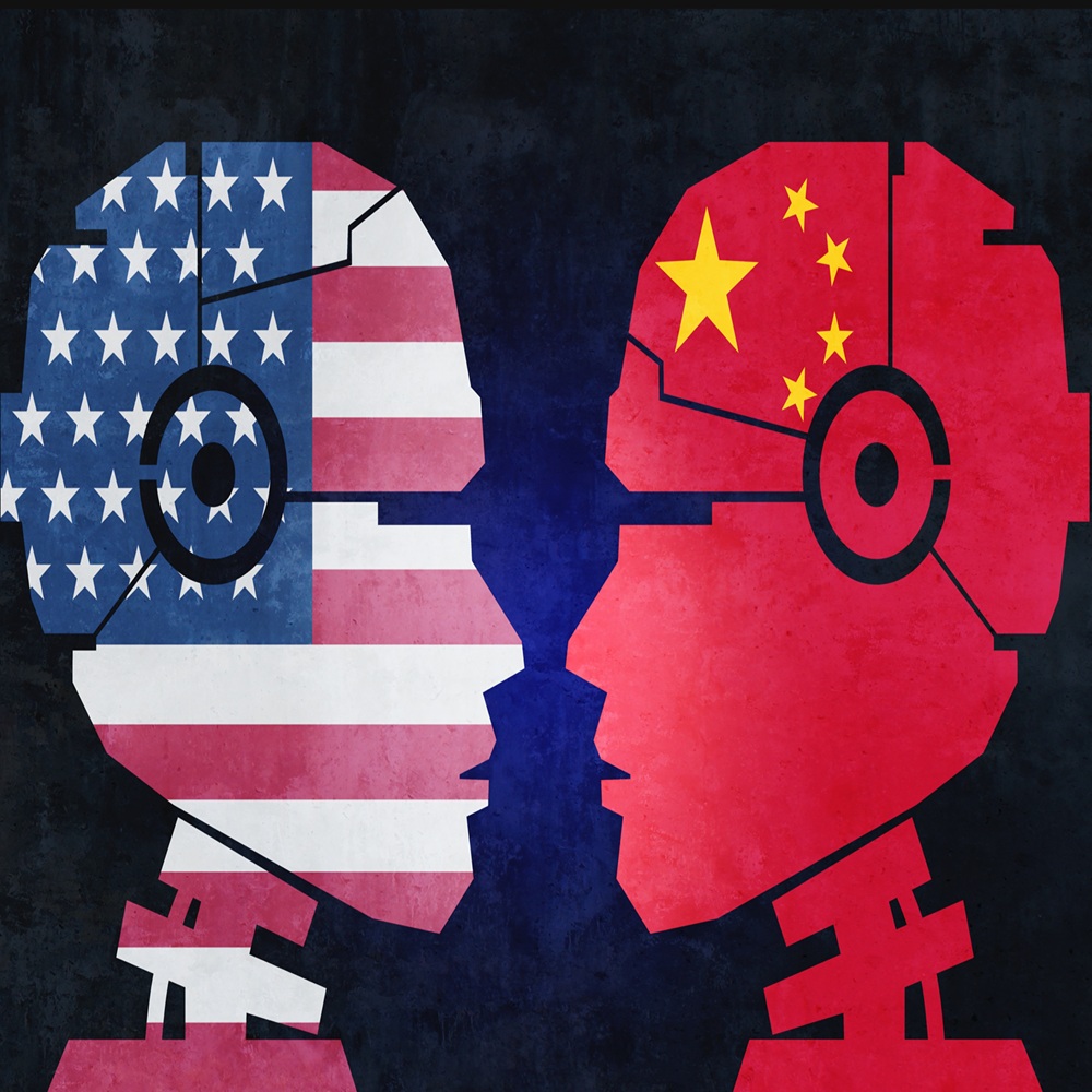 China And US Technology and AI technologies as Tech competition for technological dominance andartificial intelligence trade war or national security risk in a 3D illustration style.