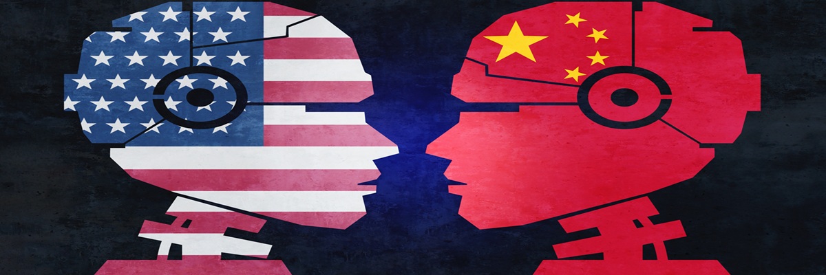 Chine et États-Unis Technologie et technologies d'IA en tant que compétition technologique pour la domination technologique et la guerre commerciale de l'intelligence artificielle ou le risque pour la sécurité nationale dans un style d'illustration 3D.