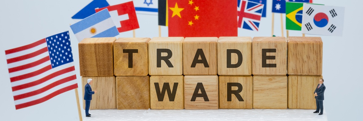 Trade war wording with USA China and multi countries flags. It is symbol of tariff trade war crisis or unfair business .-Image.