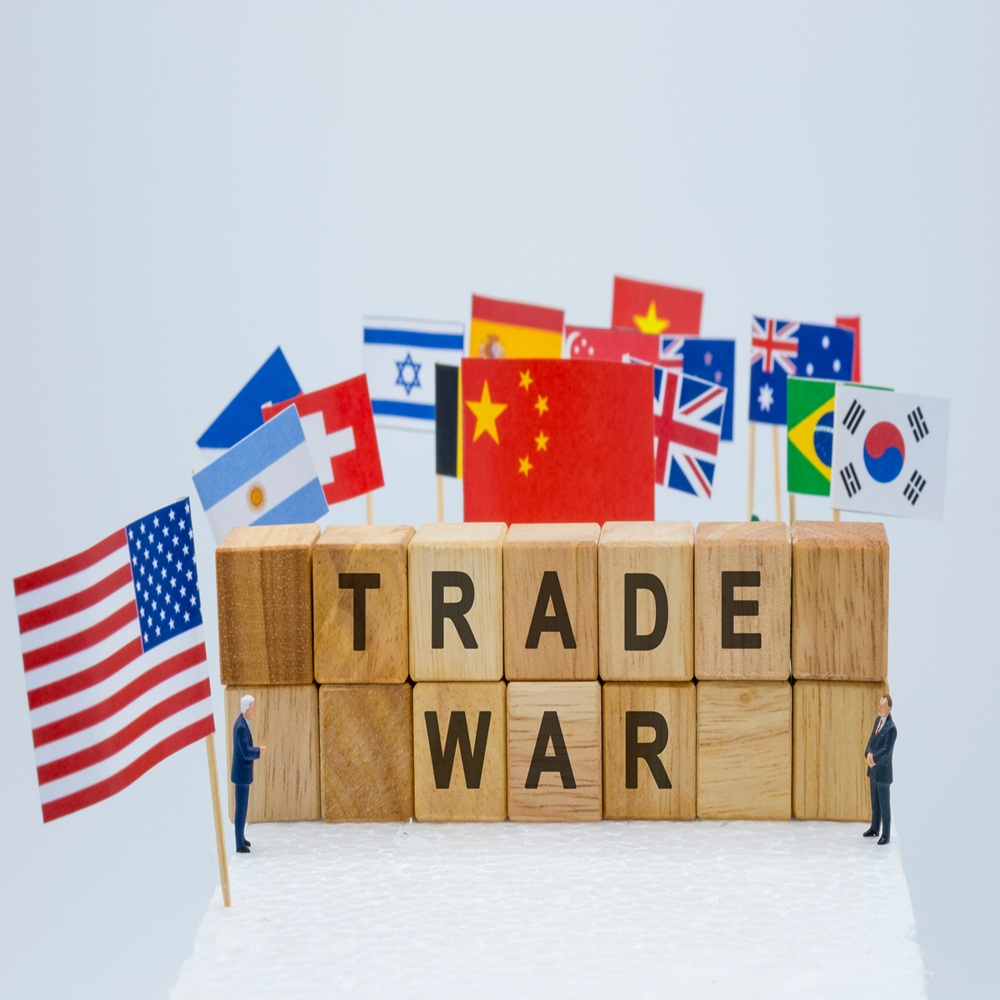 Trade war wording with USA China and multi countries flags. It is symbol of tariff trade war crisis or unfair business .-Image.