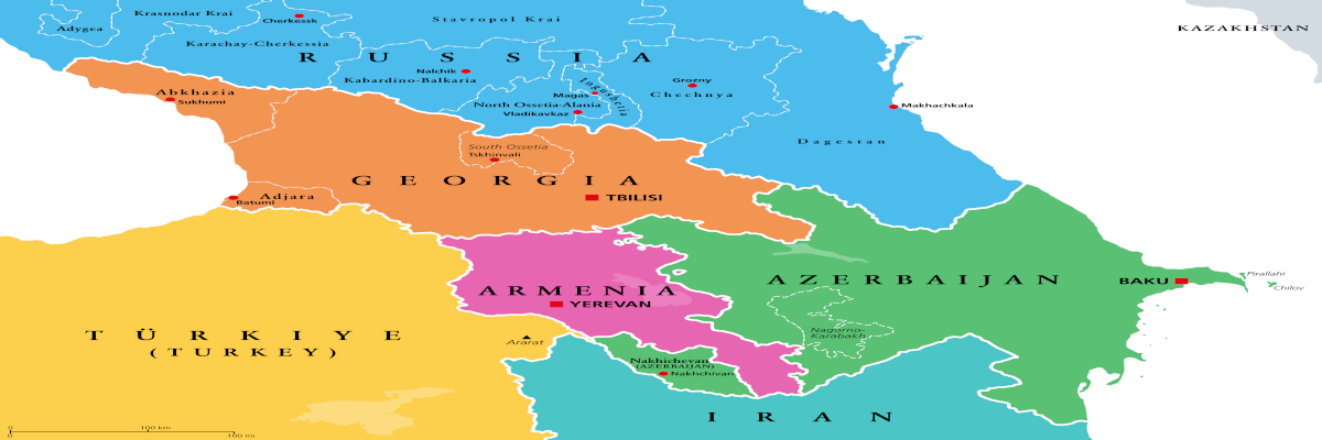 Le Caucase, le Caucase, la carte politique colorée. Région située entre la mer Noire et la mer Caspienne, principalement occupée par l'Arménie, l'Azerbaïdjan, la Géorgie et une partie du sud de la Russie. Carte avec les zones contestées.