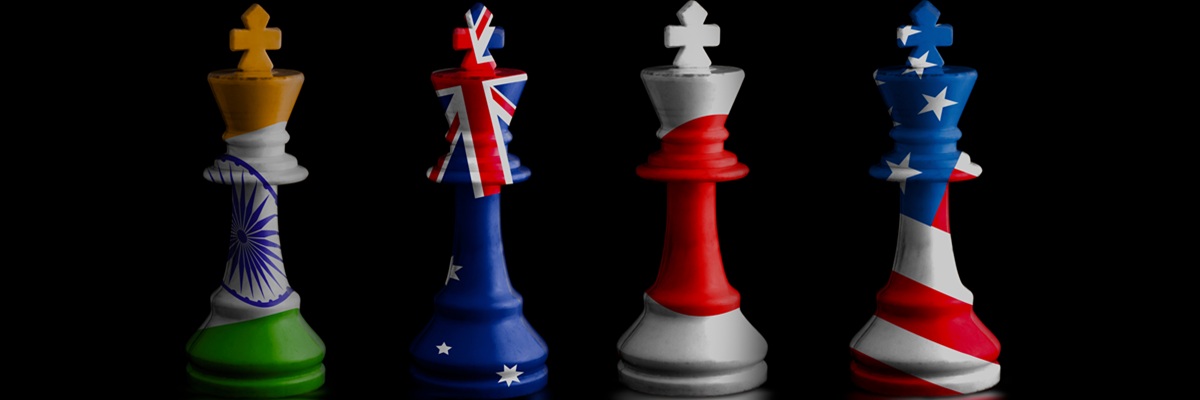 japan,australia,usa and india Quad plus countries flags. chess king.