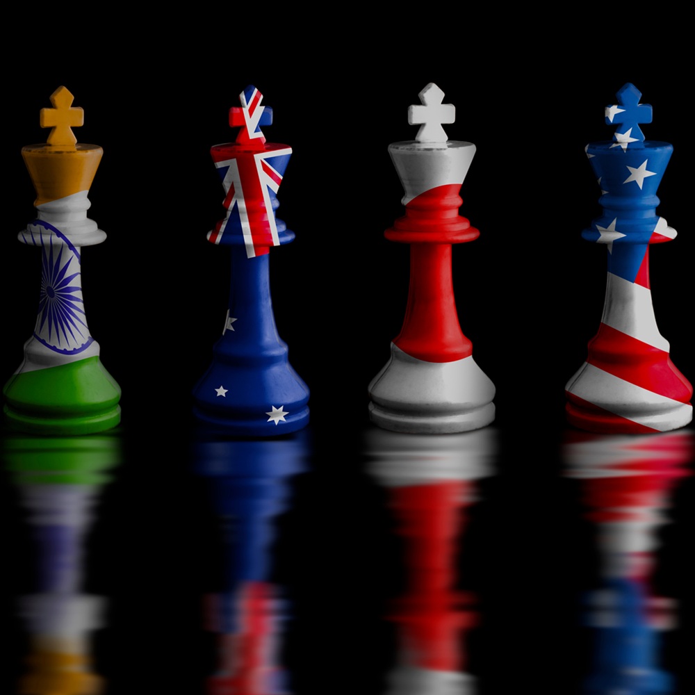 japan,australia,usa and india Quad plus countries flags. chess king.