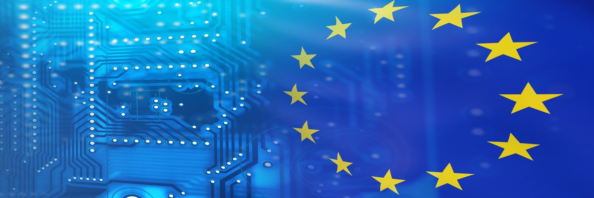 Microelectronics for European Union. European alliance flag in micro board style. Concept of purchase of microelectronics by countries of European Union. Microelectronics production in EU. 3d image.