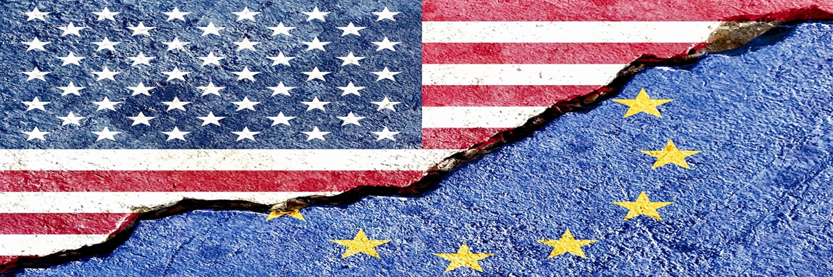 US (United States) VS EU (European Union) flags painted on broken wall with cracks background, abstract politics conflicts concept