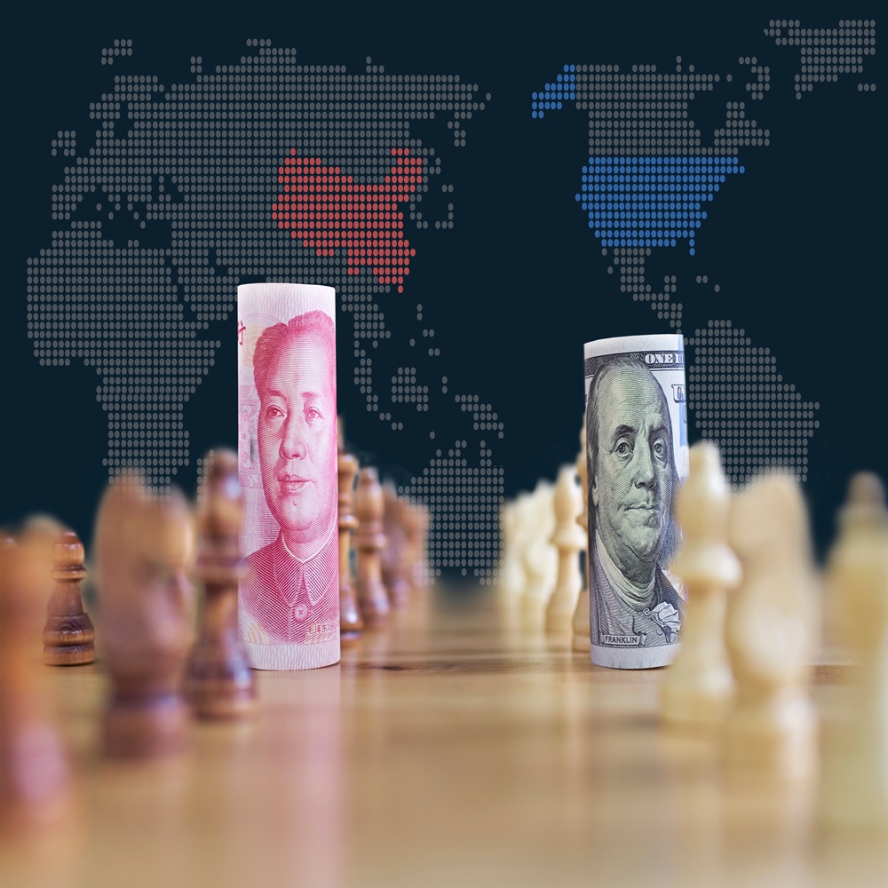 concept background of US China trade war banknotes on chess board