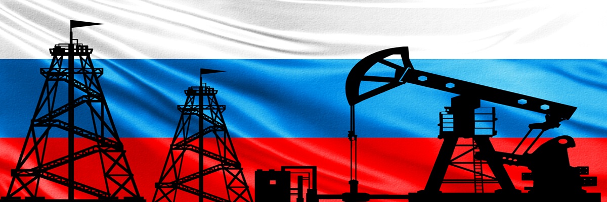 The oil industry of Russia. Oil rigs on the background of the Russian flag. Mining in Russia. Russian oil export. Russia in the global fuel market. Fuel industry.