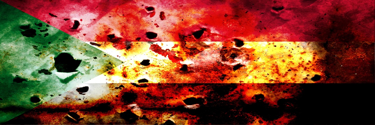 수단 국기가 이중 노출되었습니다. 남북전쟁을 묘사한 상징들. 수단 정부군과 준군사조직 '신속지원군' 사이의 내전. 기본 지도 또는 보고서 설명에 적합