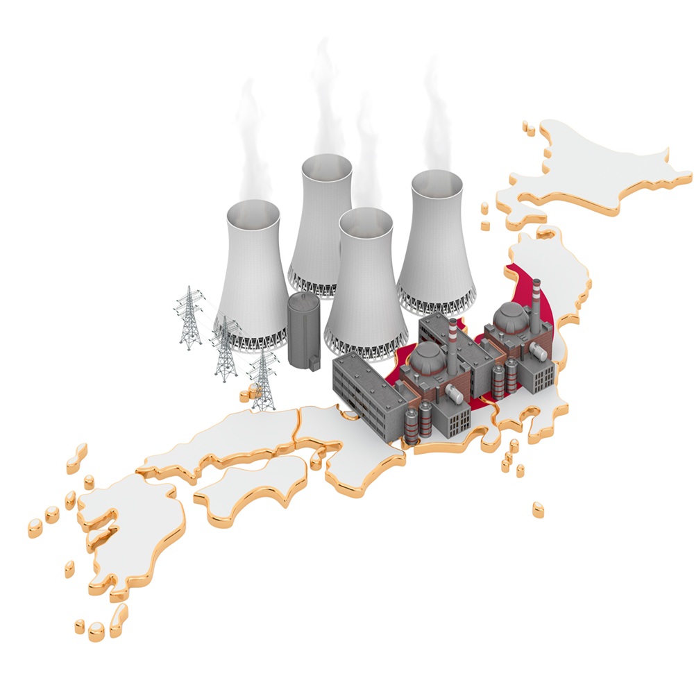 Nuclear power stations in Japan, 3D rendering isolated on white background