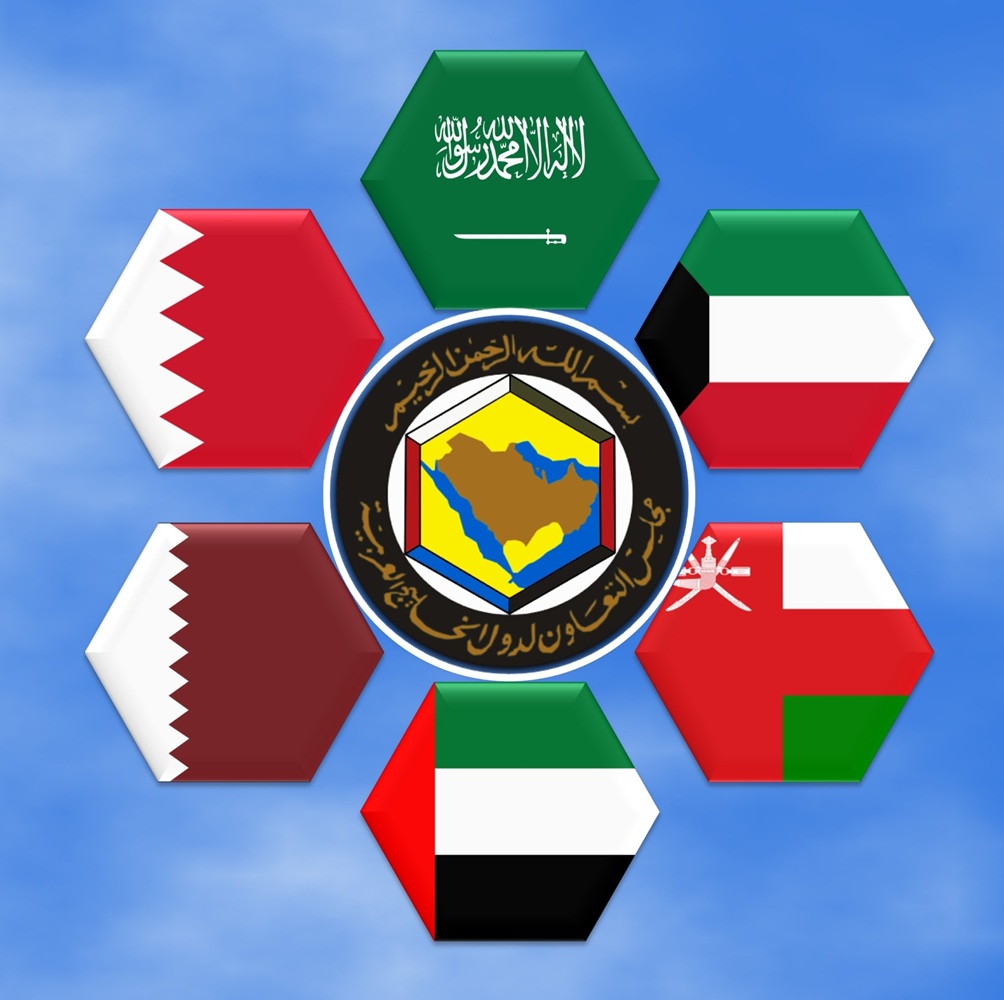United Arab Emirates, Kuwait, Qatar, Bahrain, Saudi Arabia, Yemen and Oman. GCC Gulf Country Middle East Flag 3D Icons. 3D illustration of GCC Country Flags arranged in around the GCC Logo