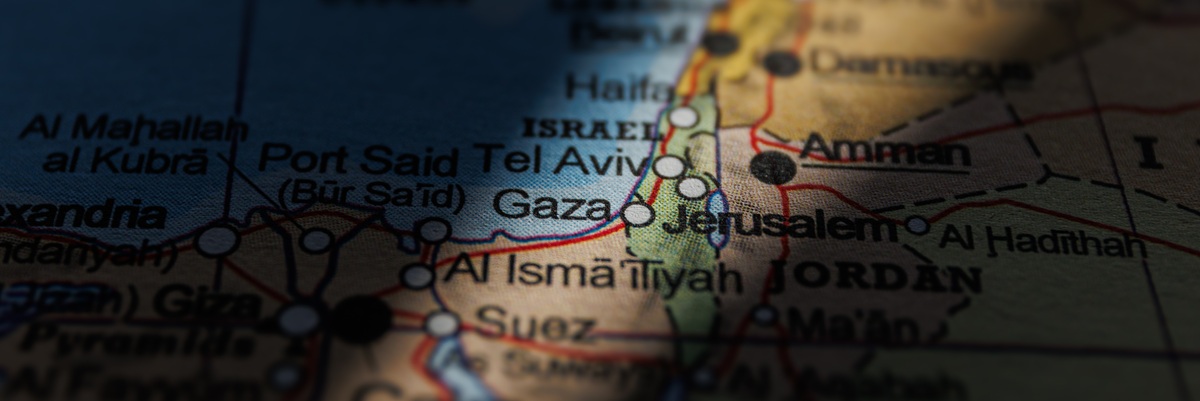 Gaza on map. Israel an Palestine on geopolitical Map. Gaza strip and West Bank. War conflict.