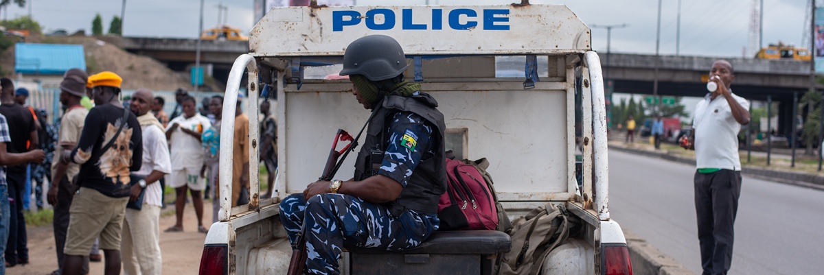 Officers of the Lagos State Police Command on guard as during a protest in Lagos on Tuesday, October 1, 2024. Nigerians are out on Independence day to protest bad governance and high cost of living
