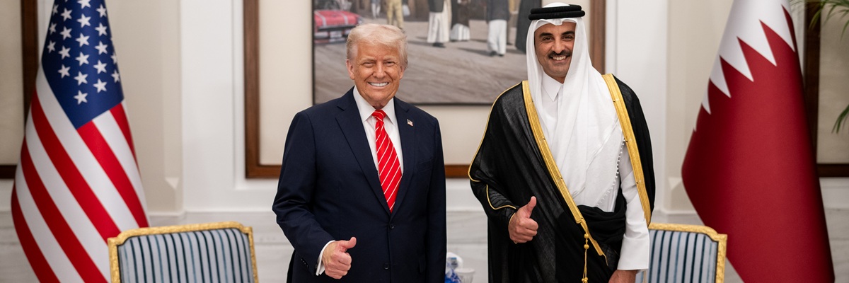 President Donald Trump poses for a photo with Amir of Qatar Sheikh Tamin bin Hamad Al Thani in Lusail Palace before an official State Dinner, Wednesday, May 14, 2025, in Doha, Qatar. (Official White House Photo by Daniel Torok)