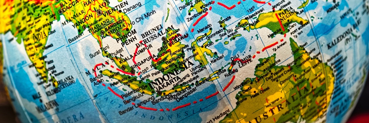 Bandung, Indonesia, July 27th 2024 : A close-up of a globe focused on Southeast Asia, highlighting Indonesia, the Philippines, and surrounding regions.