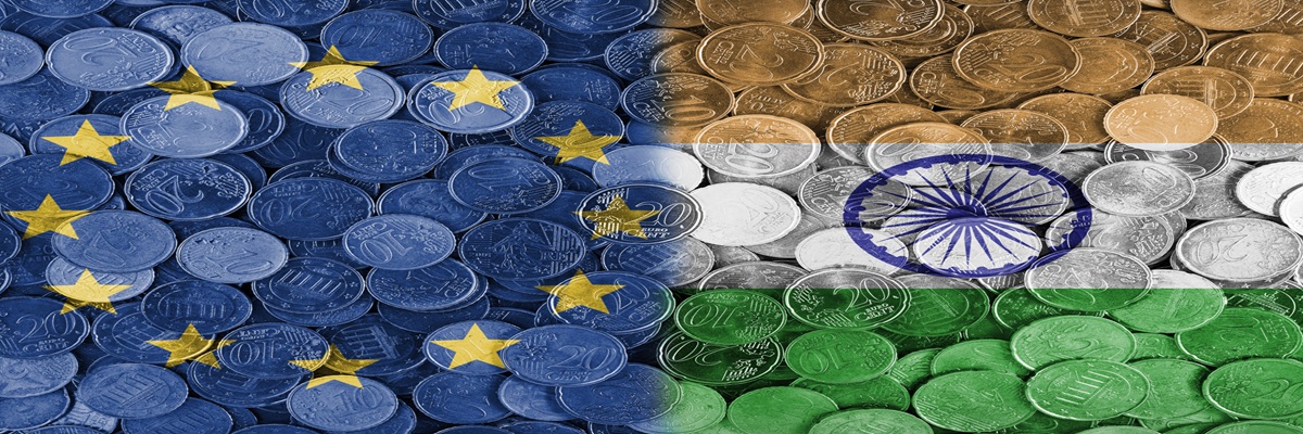Economical relationship between EU European union and India international trade of Europe, India, international trading, economics concept, investments, flags set on coin euros background