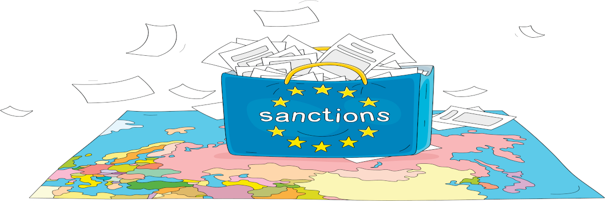 Brussels, Belgium – November 06 2023: new pack of economic EU sanctions against Russia, vector cartoon illustration on white