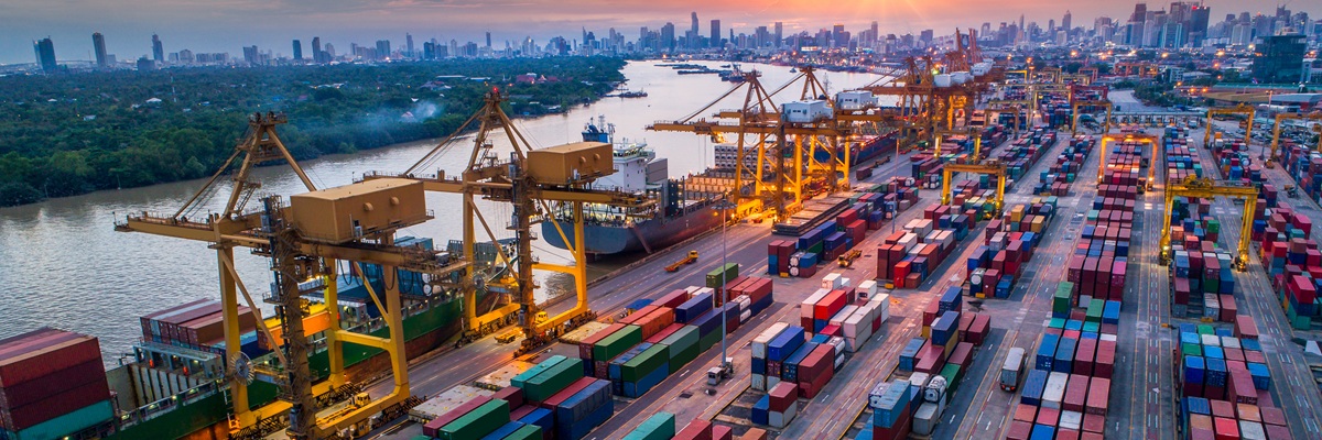 Container ship in import export and business logistic, By crane, Trade Port, Shipping cargo to harbor, Aerial view from drone, International transportation, Business logistics concept
