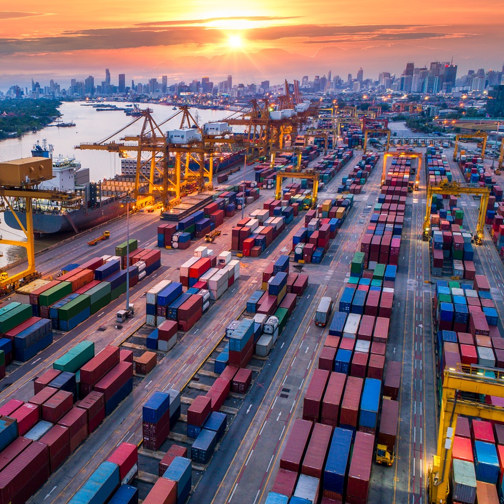 Container ship in import export and business logistic, By crane, Trade Port, Shipping cargo to harbor, Aerial view from drone, International transportation, Business logistics concept