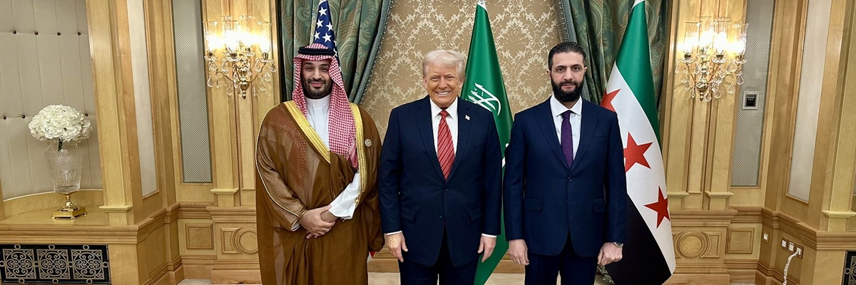 President Donald Trump with Saudi Crown Prince Mohammed Bin Salman and President of Syria Ahmed al-Sharaa (2025)