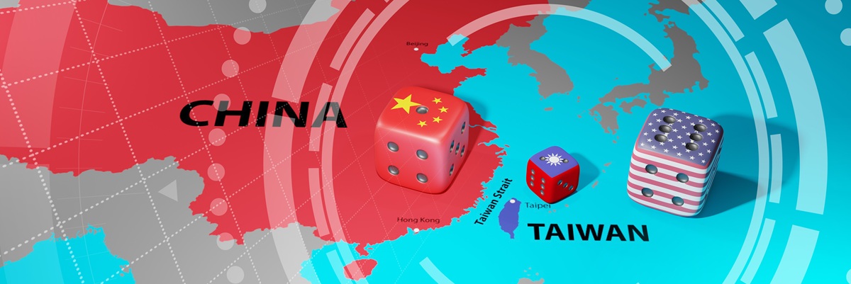 Konflikt zwischen China und Taiwan. Beziehungen zwischen China und Taiwan. 3D-Illustration.