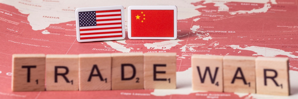 March 28, 2018, the US and Chinese flags and texts at a studio in Seoul, Korea. An illustrative editorial. trade war