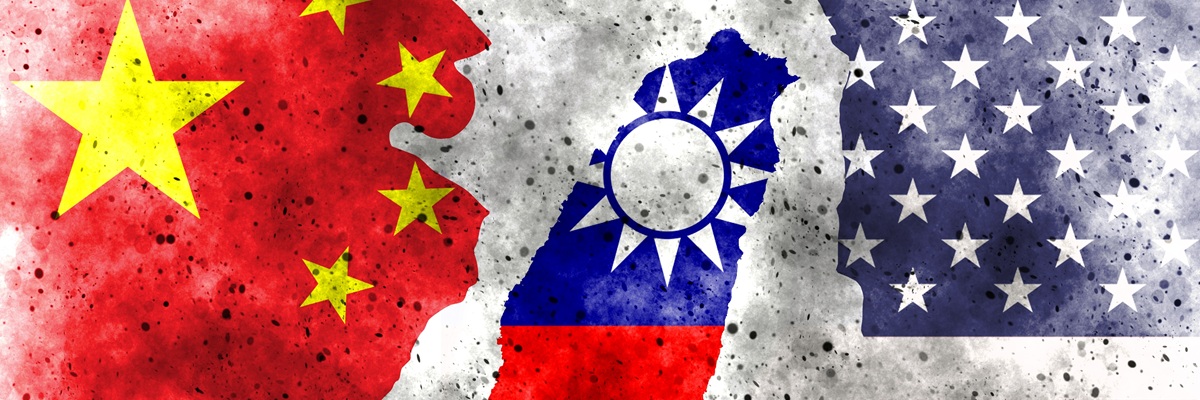 trade war. Flag of the People's Republic of China. Flag of the United States. Taiwan flag, 3d illustration