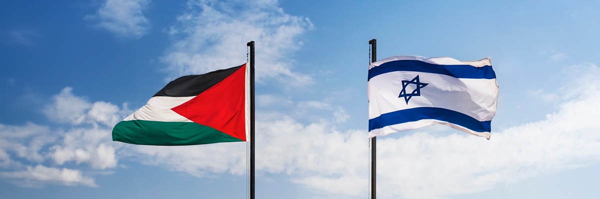 flags of Palestine and Israel against sky and old Jerusalem. Two States for two peoples. Two-state solution concept. Separate ownership of Jerusalem. The division of the city between two peoples.