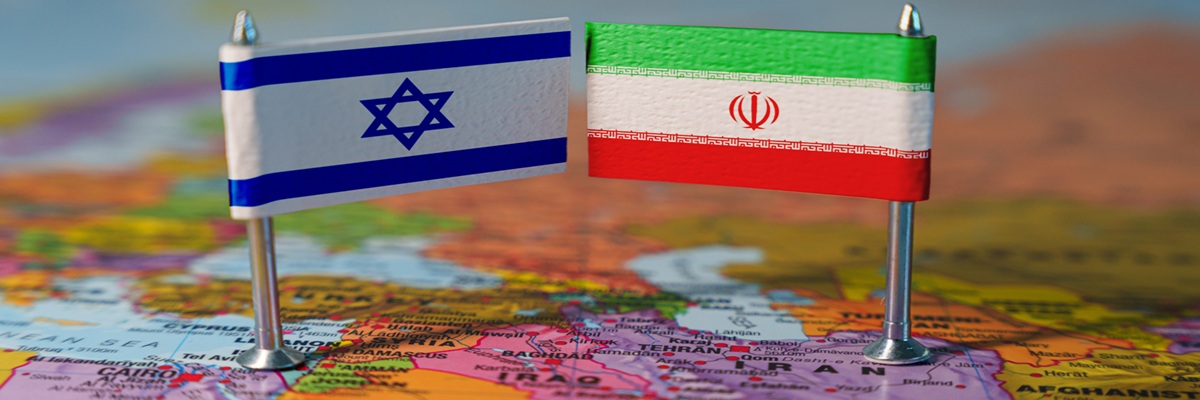 Israel and Iran flags on Middle east map. High quality photo