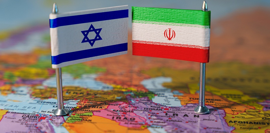 Israel and Iran flags on Middle east map. High quality photo