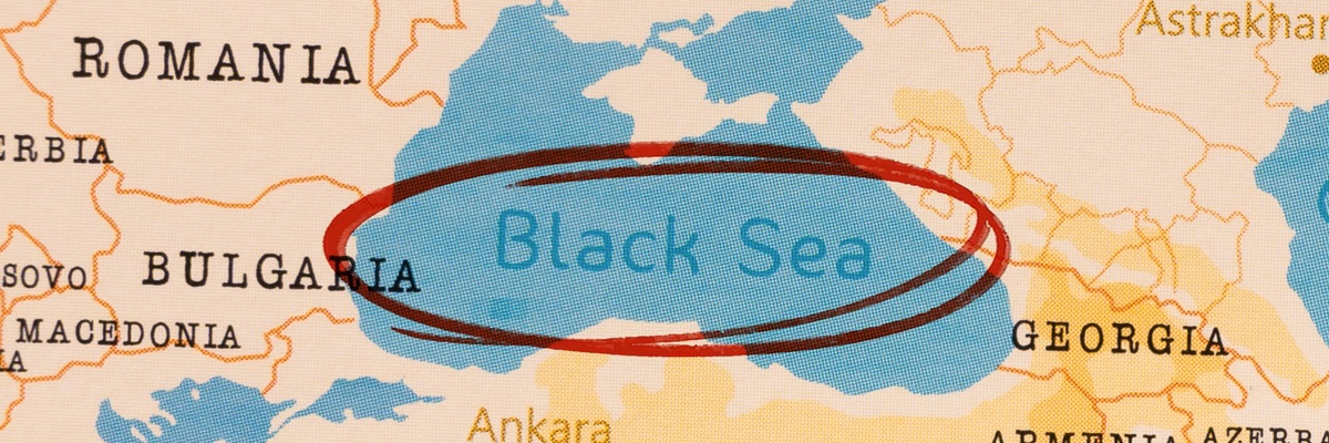 Black Sea marked with Red Circle on Realistic Map.