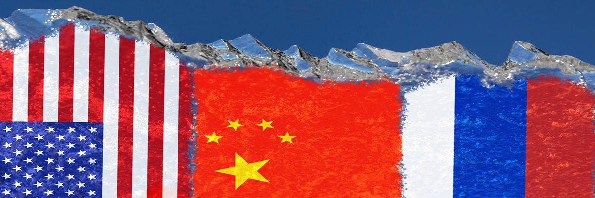 The flags of the Russia, United States, China and are drawn on a piece of ice in the form of an Arctic iceberg against a blue sky. Conflict of interests in the Arctic, Cold War, Arctic shelf