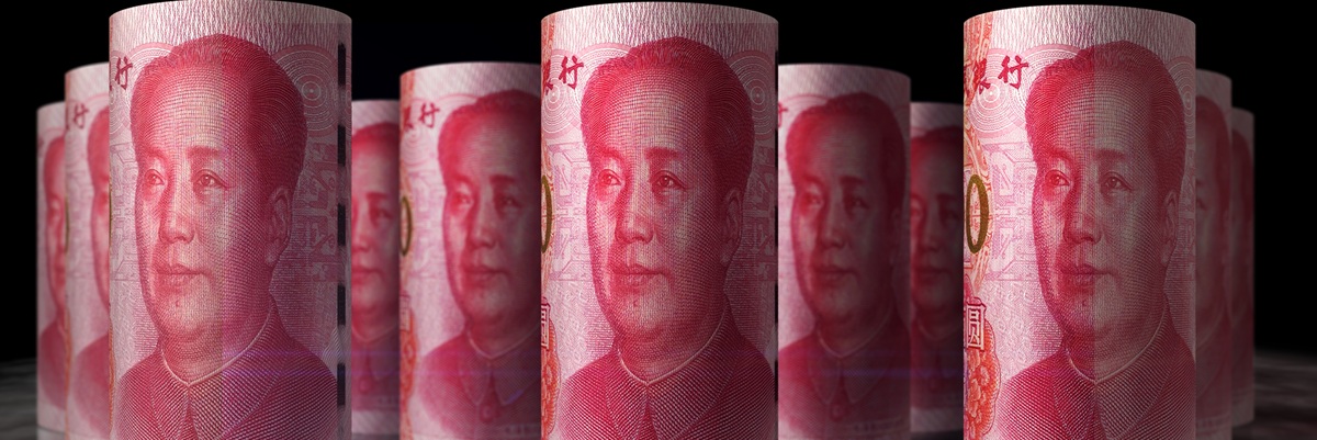 Chinese yuan Renminbi money rolls 3d illustration. Camera over the RMB rolling banknotes. Concept of economy, crisis, finance, cash, business and recession in China.