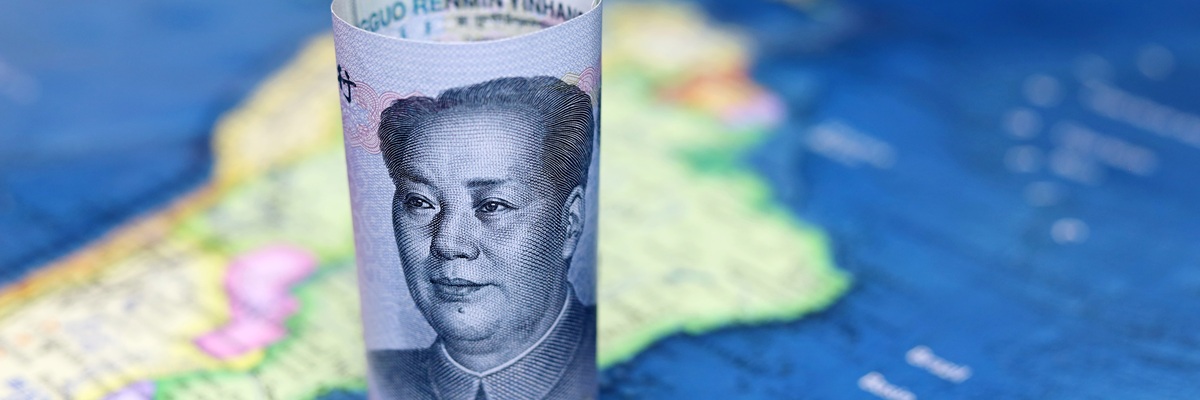 Chinese yuan on the map of South America. Trading between China and Latin American countries, economy and investment