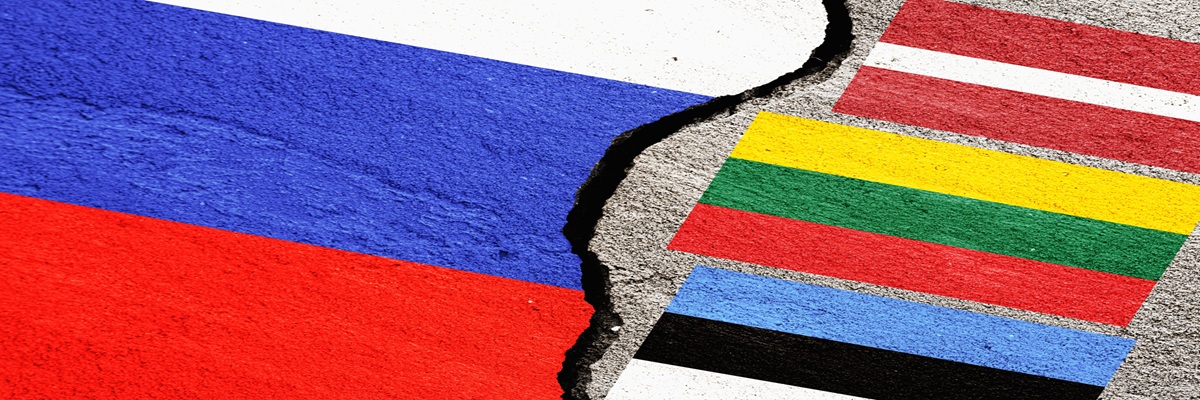 Flag of Russia and the Baltic countries - Latvia, Lithuania, Estonia - on a cracked stucco wall as a concept of conflict and threats