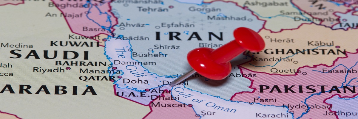 The Strait of Hormuz, the Gulf of Oman, and Iran pinned on a political map, February 1, 2024