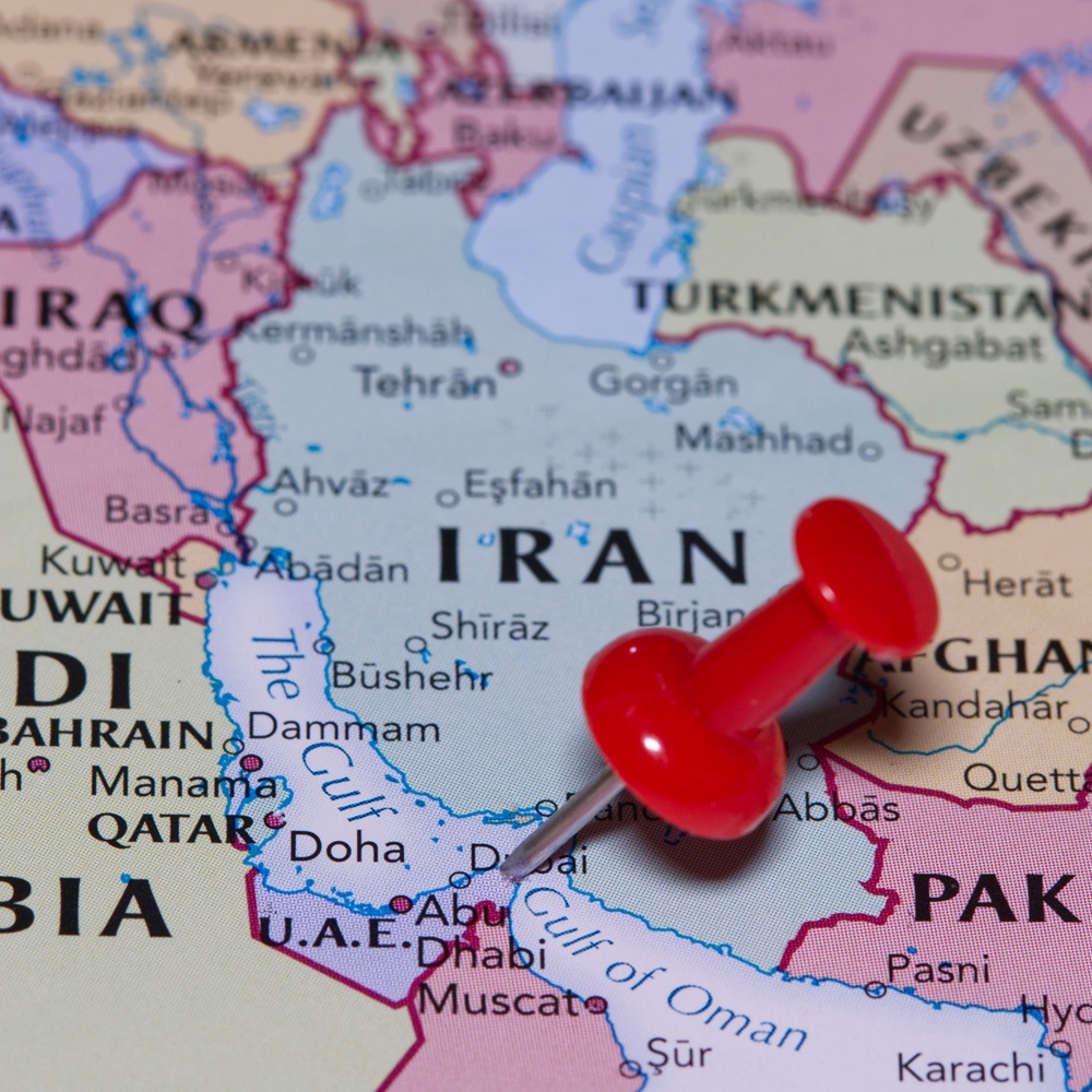 The Strait of Hormuz, the Gulf of Oman, and Iran pinned on a political map, February 1, 2024