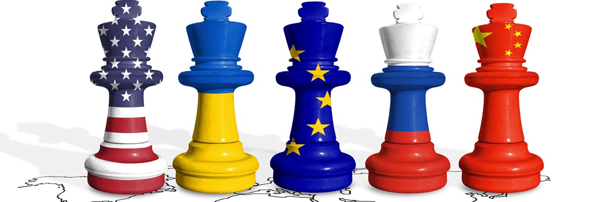 Chess made from flags of Ukraine, US, EU, China and Russia