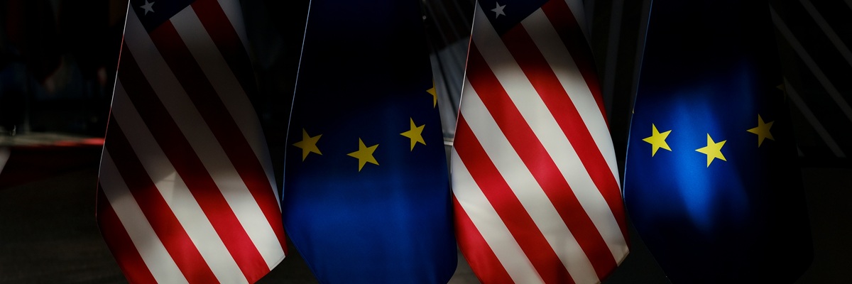 European and US flags in European Council in Brussels, Belgium on April 4, 2023.