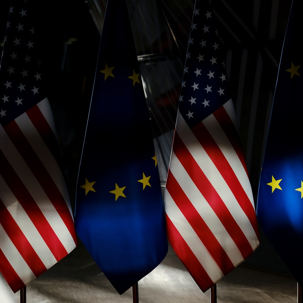 European and US flags in European Council in Brussels, Belgium on April 4, 2023.